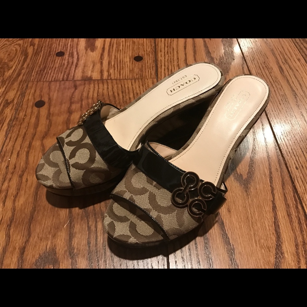 Coach Tan Signature Canvas Wedge Sandals with Black Patent Trim
